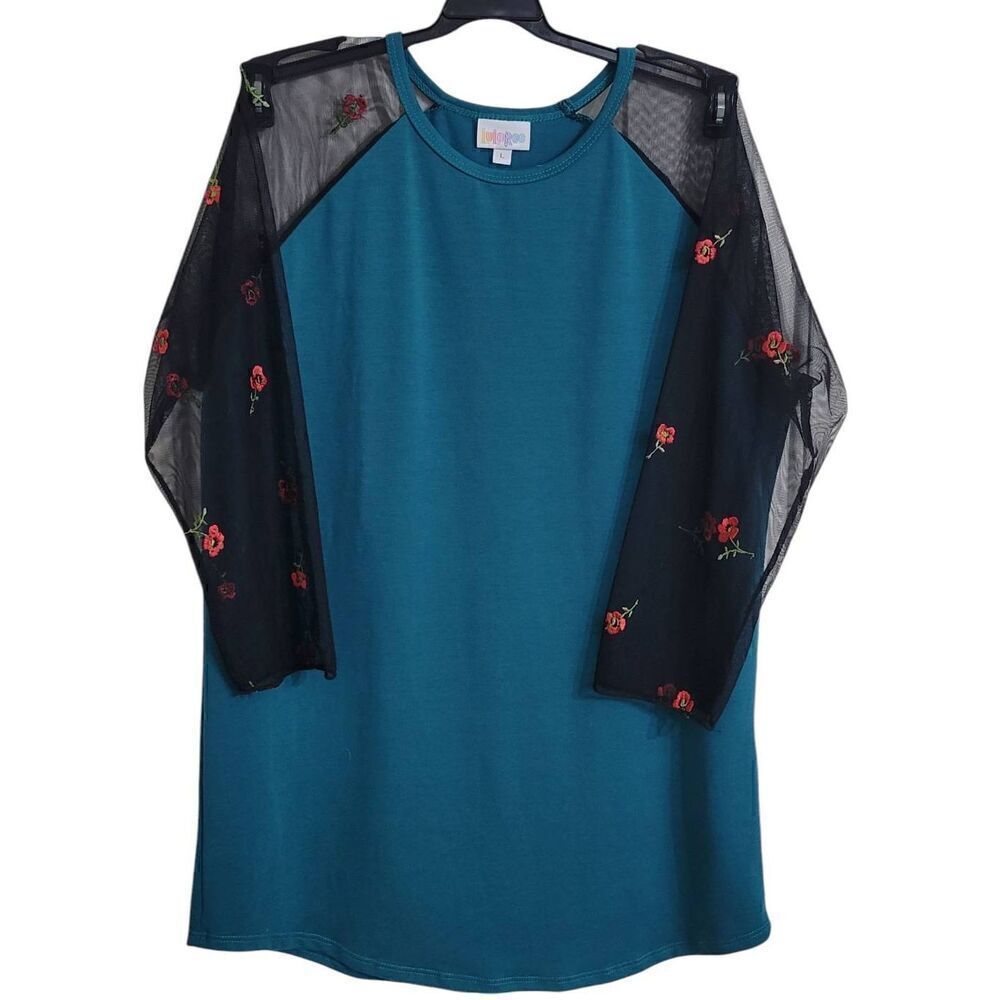 LuLaRoe Embroidered Floral Lace Sleeve Teal Sz L
